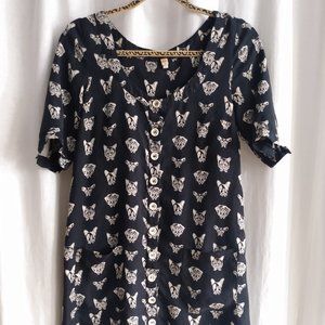 Silk mini dress with dog print. Anthropologie.